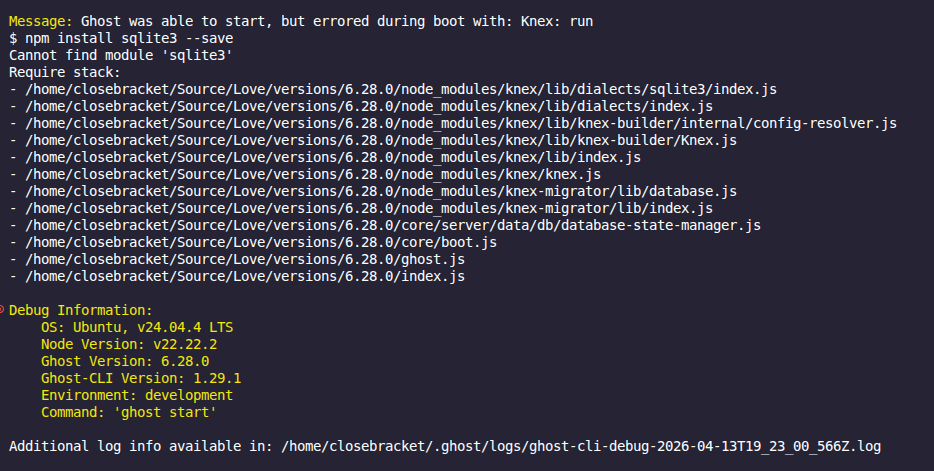 Ghost Error - The directory is not readable by other users on the system/Cannot find module 'sqlite3'